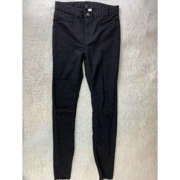 H&M Denim - H&M Divided Size 8 Womens Skinny Jeans Black Distressed Rip Torn Raw Hems